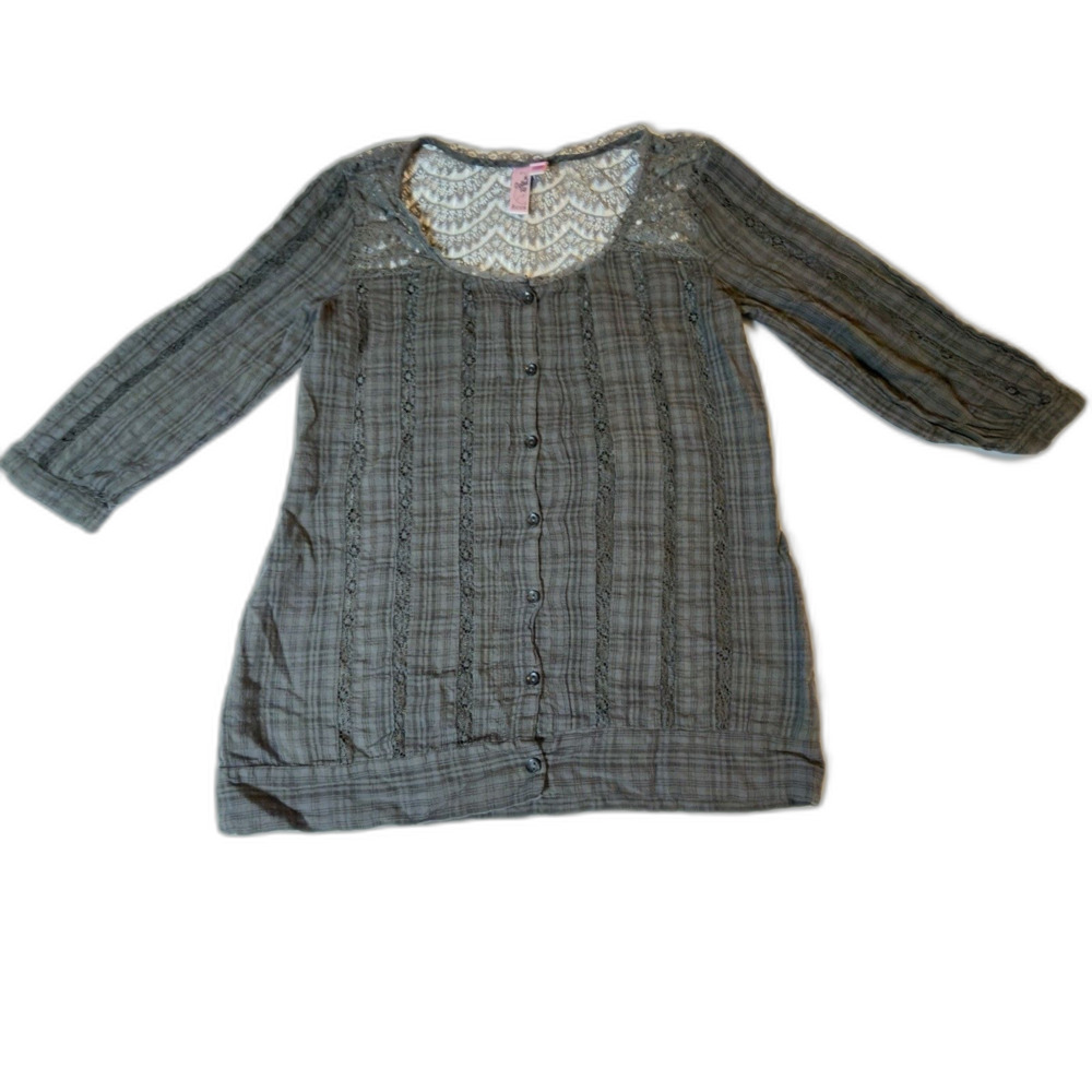 Dollep Up by FANG Women’s M Gray Plaid Lace Button Front Blouse Tunic Top Y2K
